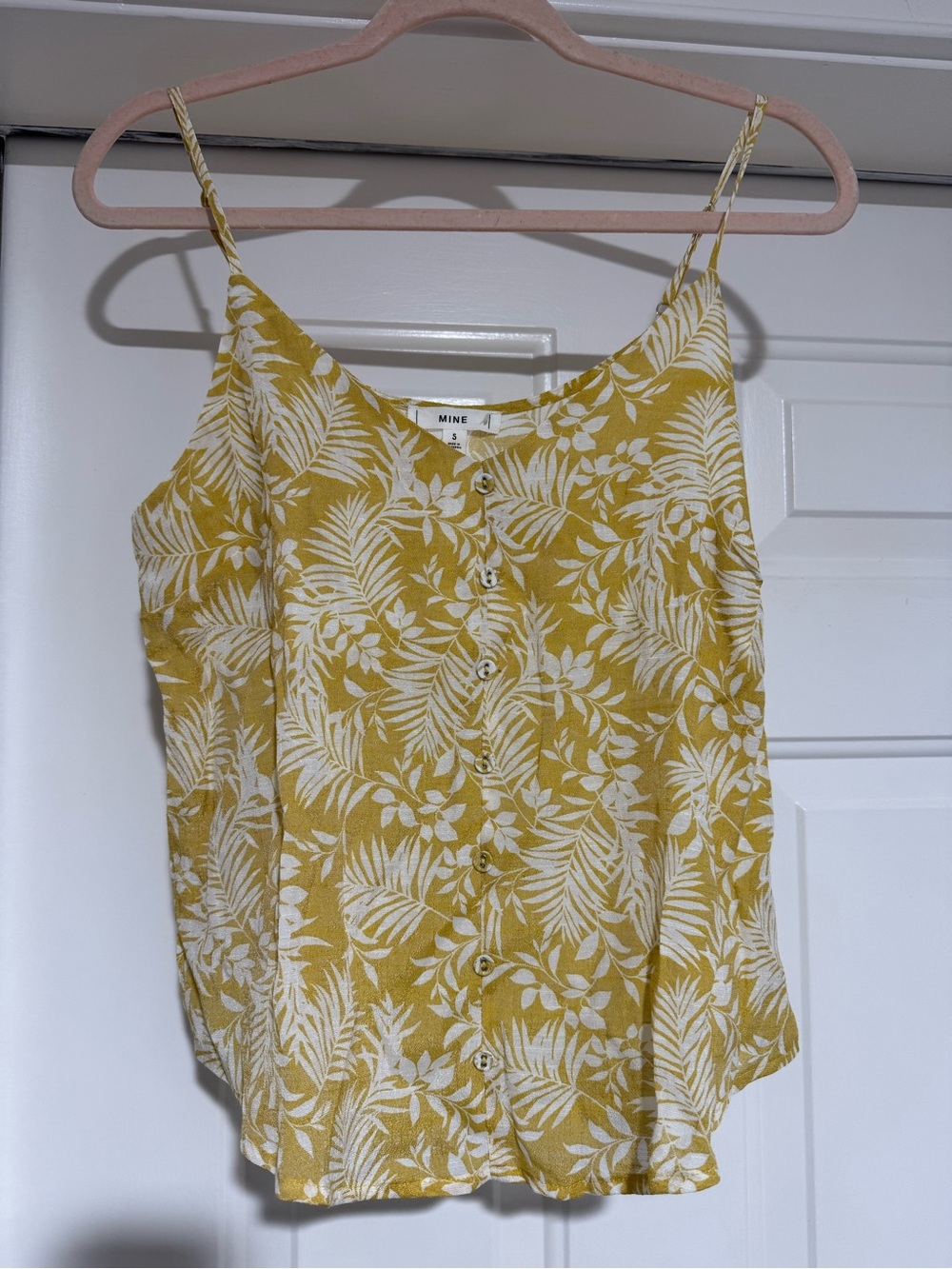 MINE Yellow and White Tropical Print Button-Front Cami spaghetti strap top